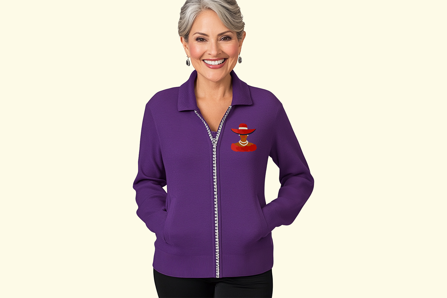 Red Hat Woman | Crystal Zip Sweater — Two Stars Embroidery Co.